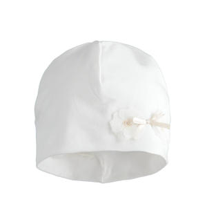 Cappello neonata modello cuffia con fiori BIANCO Minibanda