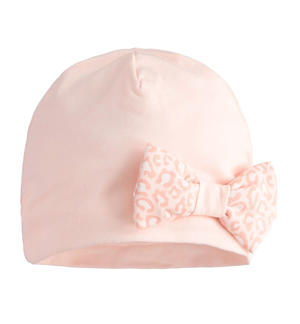 Cappello neonato modello cuffia con fiocco animalier Minibanda