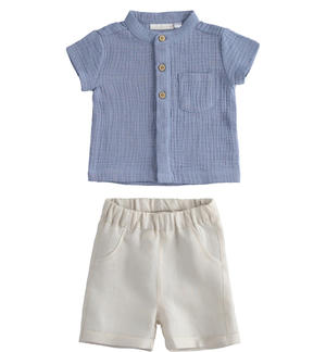 Completino neonato camicia 100% cotone e pantalone 100% lino BLU Minibanda