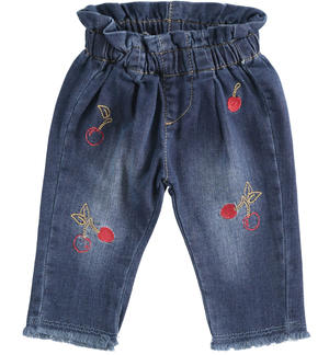 Jeans neonato denim stretch con vita arricciata e ricamo ciliegie Minibanda