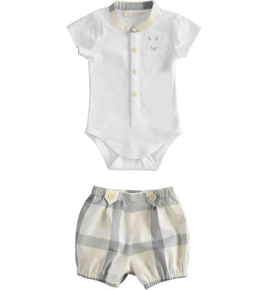 Completino neonato con body effetto camicia e pantalone corto da 1 a 24 mesi Minibanda BIANCO-0113