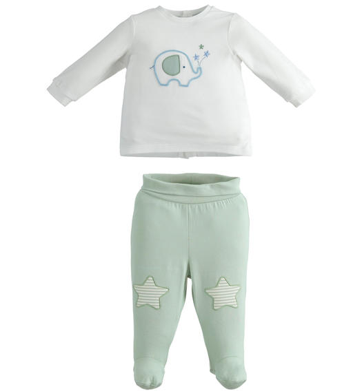 Tutina neonato due pezzi in jersey con elefantino e stelle da 0 a 18 mesi Minibanda BIANCO-0113